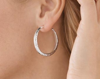 Large Silver Plated Hammered Open Hoop Earrings – 40mm