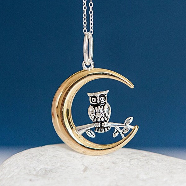 Cute Baby Owl Necklace in Sterling Silver, Dainty Animal Pendant, Baby Owlet Jewellery, Owl in the Moon, Nature Inspired