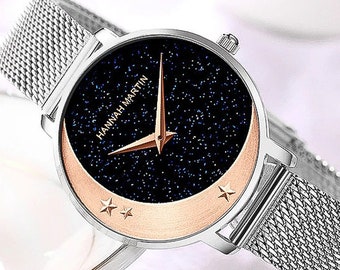 Personalised Silver and Rose Gold Moon and Stars Watch