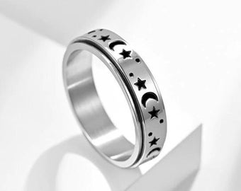 Personalised Stainless Steel Silver Star Spinner Ring