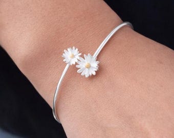 Sterling Silver Double Daisy Flower Cuff Bangle Bracelet