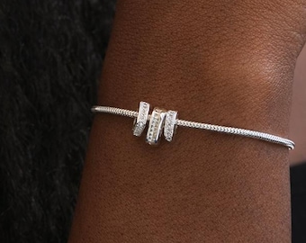 Silver Plated Adjustable Snake Chain Crystal Square Rings Charm Bracelet