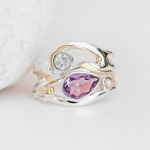 Molten Gemstone Ring • Amethyst, Blue Topaz & Pearl Ring • Sterling Silver with 14kt Gold • Handmade Organic Statement Ring •