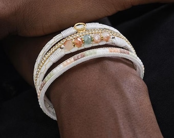 Gold Plated White Multistrand Bracelet With Warm Earthy Pastel Crystals