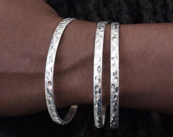Set Of Three Silver Plated Hammered Bangle Bracelet Stack