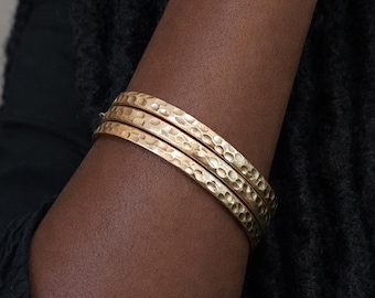 Set Of Three Gold Plated Hammered Bangle Bracelet Stack