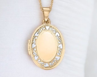 Oval Heart Border Locket in 9ct Gold, Two Photo Locket, Gold Locket, Keepsake Memorial Jewellery Necklace, 9ct Yellow Gold, 9ct White Gold