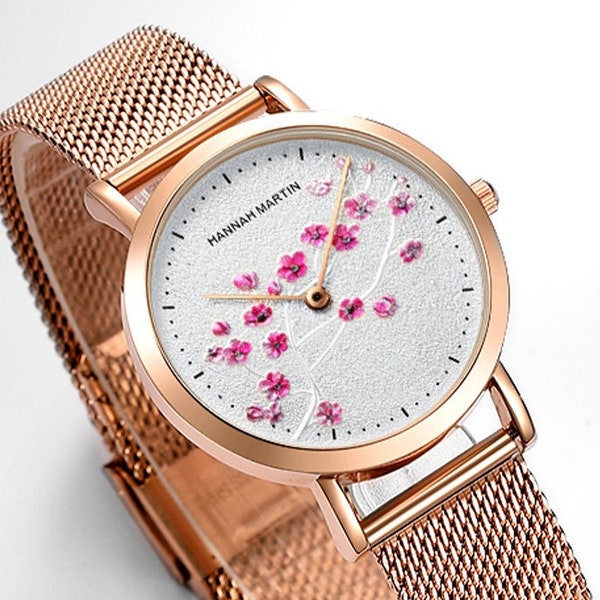 Montre personnalisée en or rose et fleurs de cerisier roses avec cadran blanc