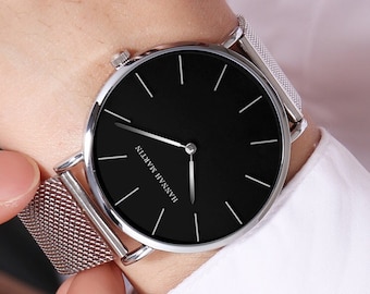 Personalised Silver Watch with Black Dial