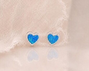 5mm Sterling Silver Blue Opal Heart Stud Earrings