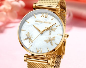 Personalised Gold Dragonfly Watch with Mother of Pearl Face