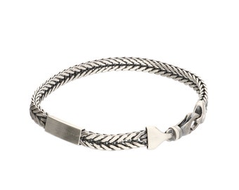 Personalised Oxidised Sterling Silver Twisted Box Chain Offset ID Bar Bracelet