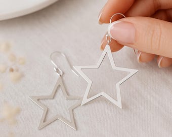 Sterling Silver Large Star Statement Earrings: Celestial Jewellery, 40mm