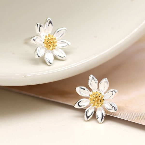 Sterling Silver Large Daisy Flower Stud Earrings