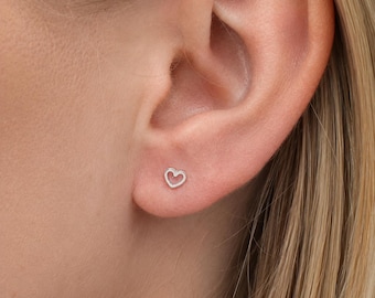 Tiny Sterling Silver Open Love Heart Stud Earrings