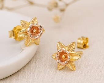 Gold Plated Sterling Silver March Birth Flower Daffodil Stud Earrings