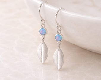 Sterling Silver Blue Opal Leaf Drop Earrings