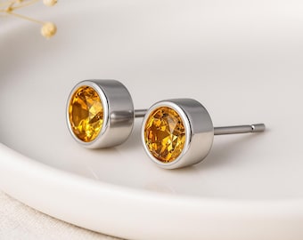 Citrine CZ Stud Earrings • Sterling Silver November Birthstone Gift • Yellow Gemstone Studs • 7mm Earrings • Gift for Her •