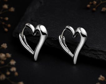 Sterling Silver Chunky Heart Hoop Earrings