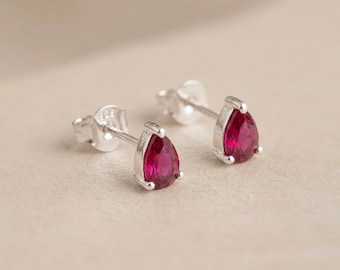 Pear Cut Ruby Stud Earrings in Sterling Silver