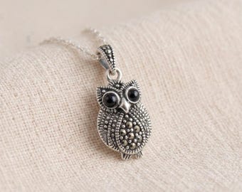 Personalised Owl Pendant Necklace in Sterling Silver with Marcasite