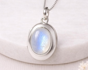 Personalised Sterling Silver Rainbow Moonstone Gemstone Locket Necklace with Photos