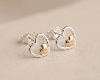 Personalised Double Heart Stud Earrings In Sterling Silver And Gold