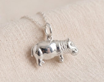 Personalised Solid Hippo Pendant Necklace in Sterling Silver