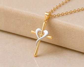 Personalised Heart Cross Pendant In Solid 9ct Mixed Gold
