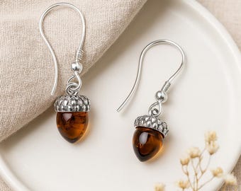 Sterling Silver Baltic Amber Acorn Drop Earrings – 30mm