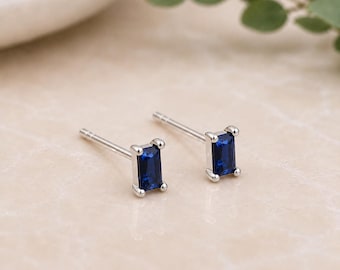 Sterling Silver Emerald Cut Sapphire Blue Stud Earrings