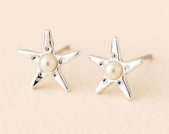 Sterling Silver Pearl Starfish Stud Earrings
