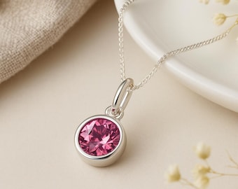 Pink Tourmaline Birthstone Pendant • October Charm Necklace in Sterling Silver • Dainty Cubic Zirconia Gift • Personalised Birth Jewellery