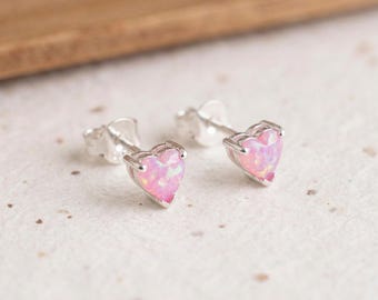 Personalised Pink Opal Heart Stud Earrings In Sterling Silver