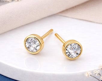 Gold Plated Sterling Silver April Cubic Zirconia Birthstone Stud Earrings – 7mm