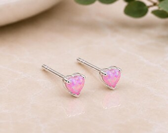 Tiny Sterling Silver Pink Opal Heart Stud Earrings