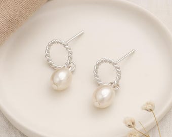 Pearl Drop Hoop Earrings • Sterling Silver & Freshwater Pearls • Dainty Twisted Circle Earrings • Gift for Her • Bridal Jewellery •