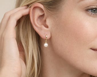 Gold Plated Sterling Silver Freshwater Pearl Huggie Hoop Earrings – 7mm Pearls