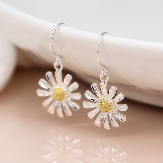 Sterling Silver and Yellow Gold Daisy Drop Earrings Etsy Canada