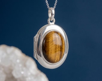Personalised Tigers Eye Photo Locket Necklace In Sterling Silver