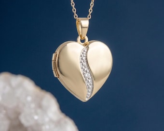 Personalised Diamond Heart Photo Locket Necklace in Solid 9ct Gold