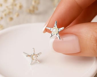 Sterling Silver Starfish Stud Earrings: Ivory Pearl Coastal Jewellery, 9mm