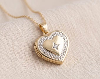 Personalised Heart Photo Locket Necklace In Solid 9ct Gold with Diamond