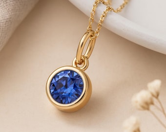 Sapphire Birthstone Pendant • September Charm Necklace in Gold • Dainty Cubic Zirconia Gift • Personalised Birth Month Jewellery