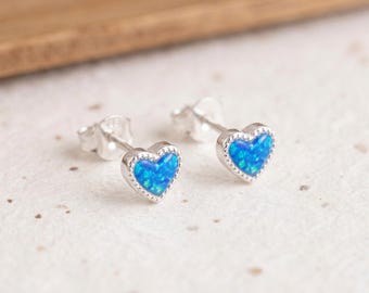 Blue Opal Heart Stud Earrings in Sterling Silver
