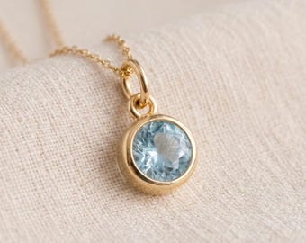 Tiny Personalised March Aquamarine Birthstone Pendant Necklace In Gold Plated Sterling Silver