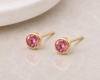 Gold Plated Sterling Silver October Pink Tourmaline Birthstone Stud Earrings