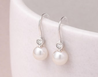 Sterling Silver Freshwater Pearl and Cubic Zirconia Drop Earrings – 6mm