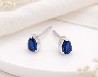 Sterling Silver Sapphire Teardrop Stud Earrings – 6mm x 4mm