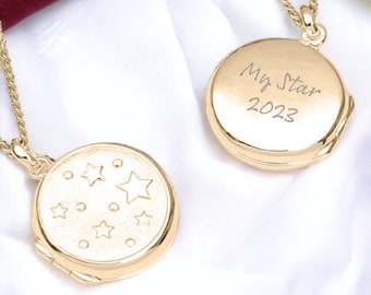 Personalised Galaxy Star Locket in 18ct Gold Plated Sterling Silver, Two Photo Locket, Engraved Locket, Keepsake Memorial Jewellery Necklace